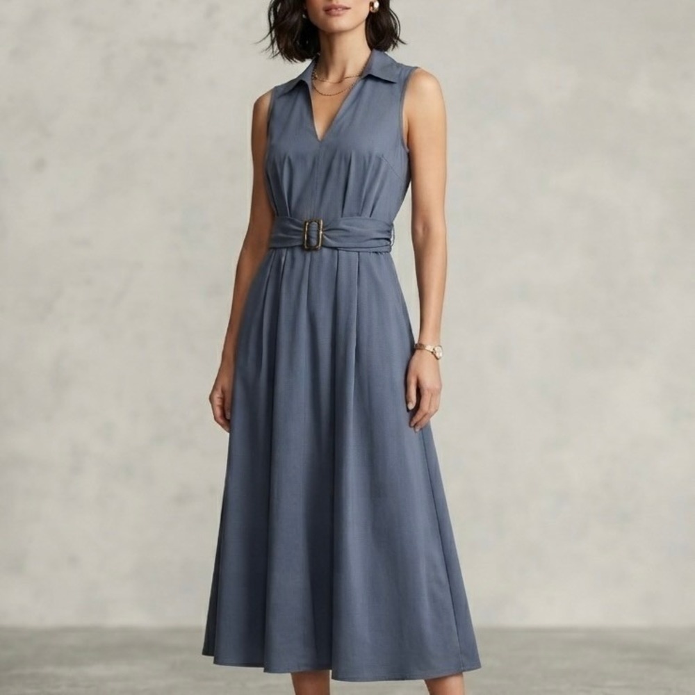 Halston Chic Slate Blue Collared V-Neck Midi Dress Belted Tortoise Buckle Sz 6